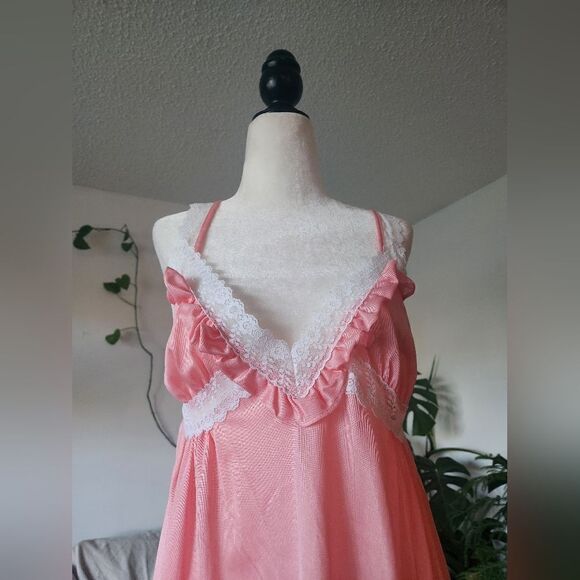 Vintage Pink Satin Skirt Lace Slip 70s Nighty  Dress Sexy Cottagecore Maxi - Picture 3 of 4